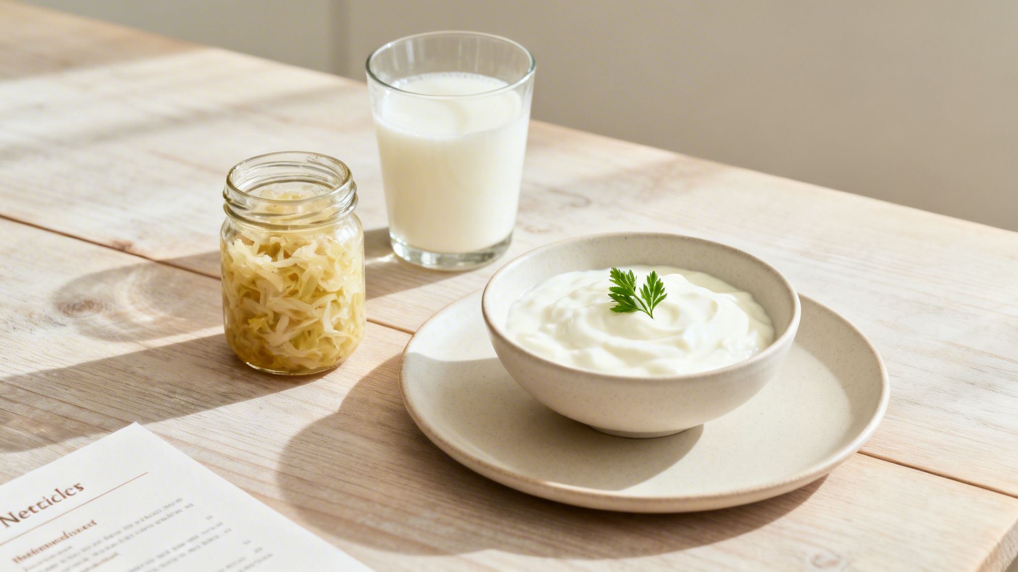 A light wood table with a jar of sauerkraut, a glass of milk, and a bowl of yogurt, representing a gut health diet.