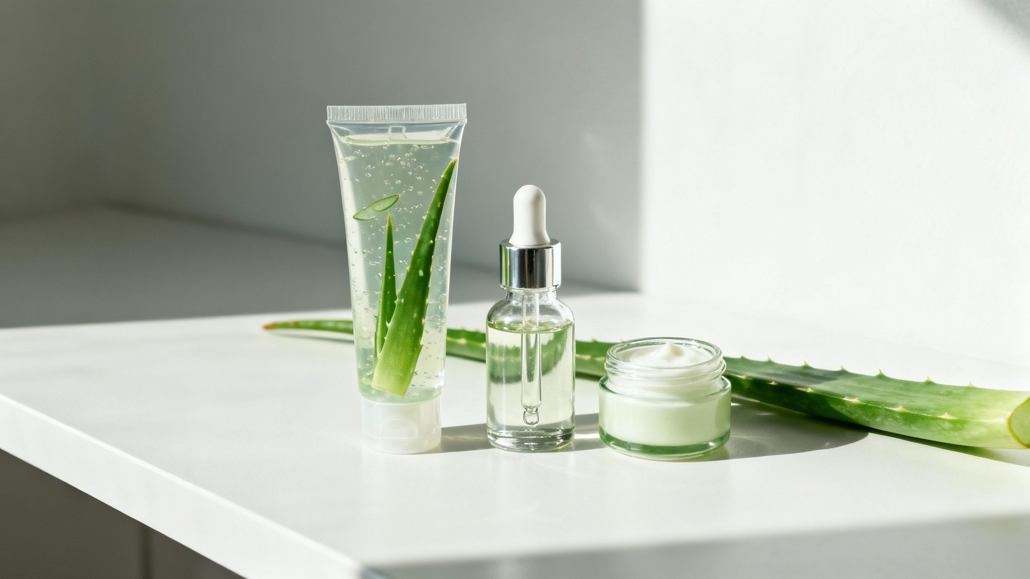 Natural aloe vera skincare products: gel, serum, and cream, with fresh aloe leaves on a white table.