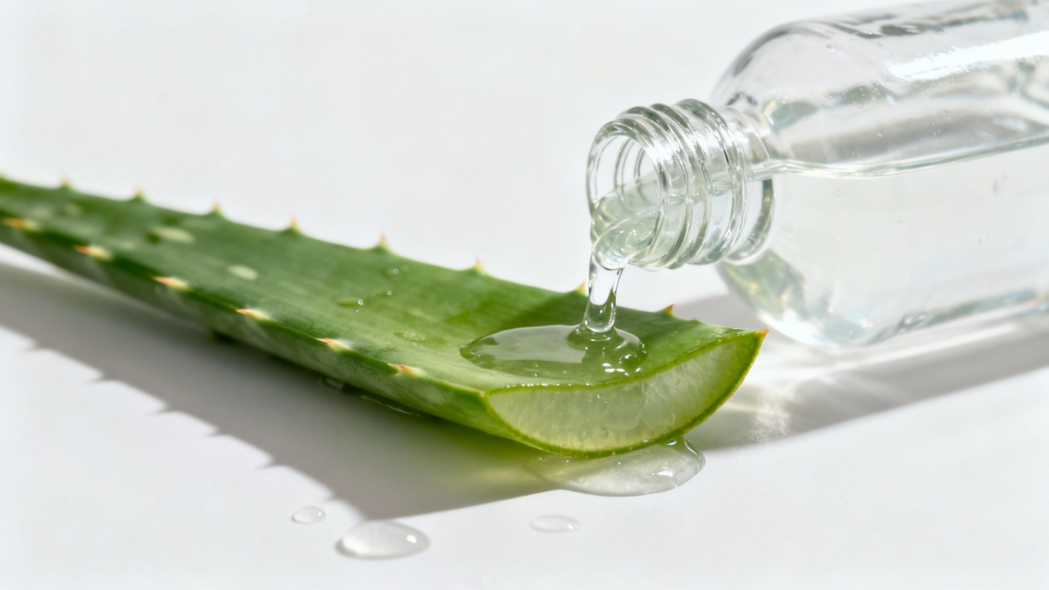 Clear aloe vera gel pours from a glass bottle onto a fresh aloe leaf.