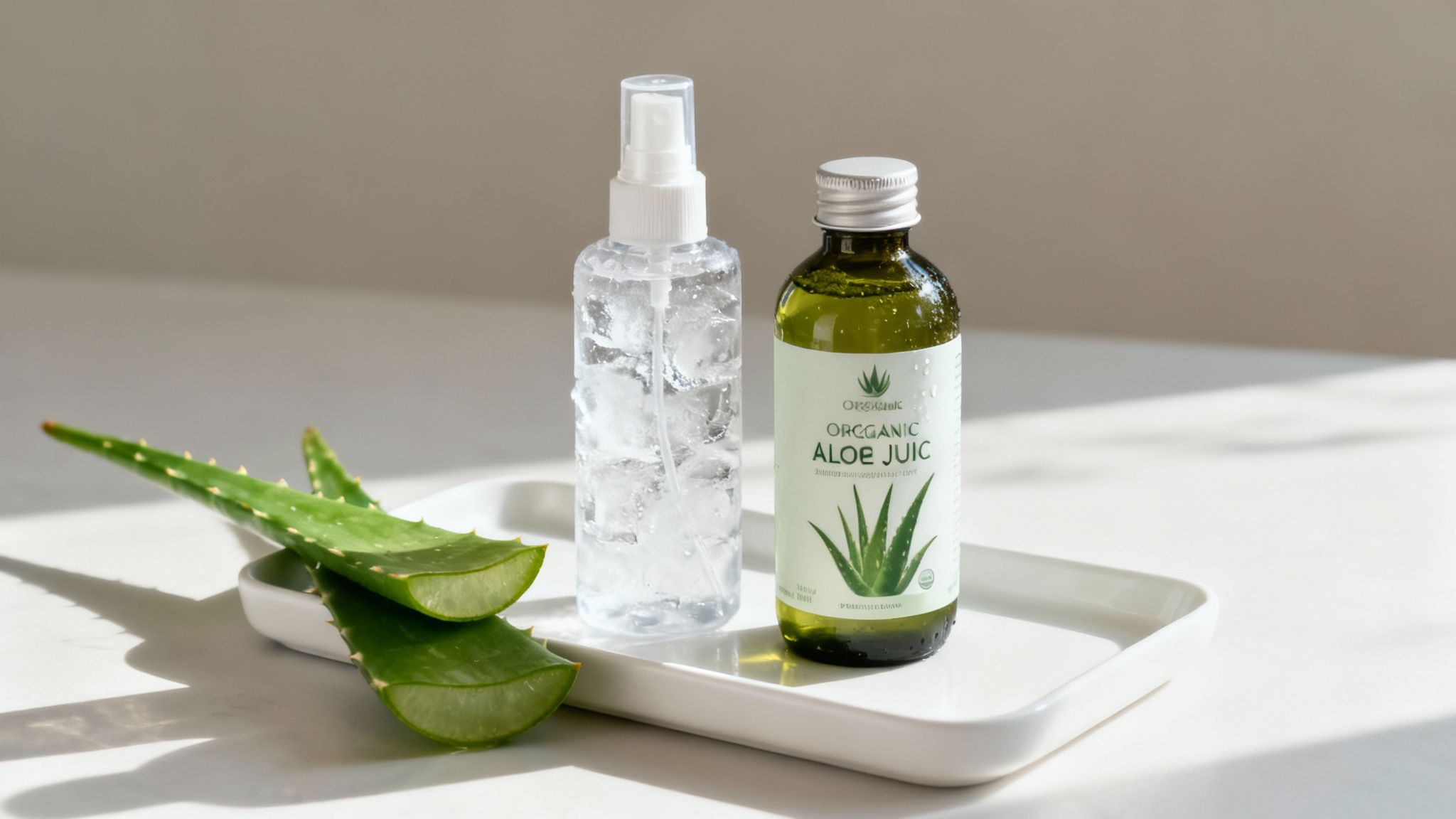 Organic aloe vera juice bottle, clear spray bottle, and fresh aloe leaves on a white tray.