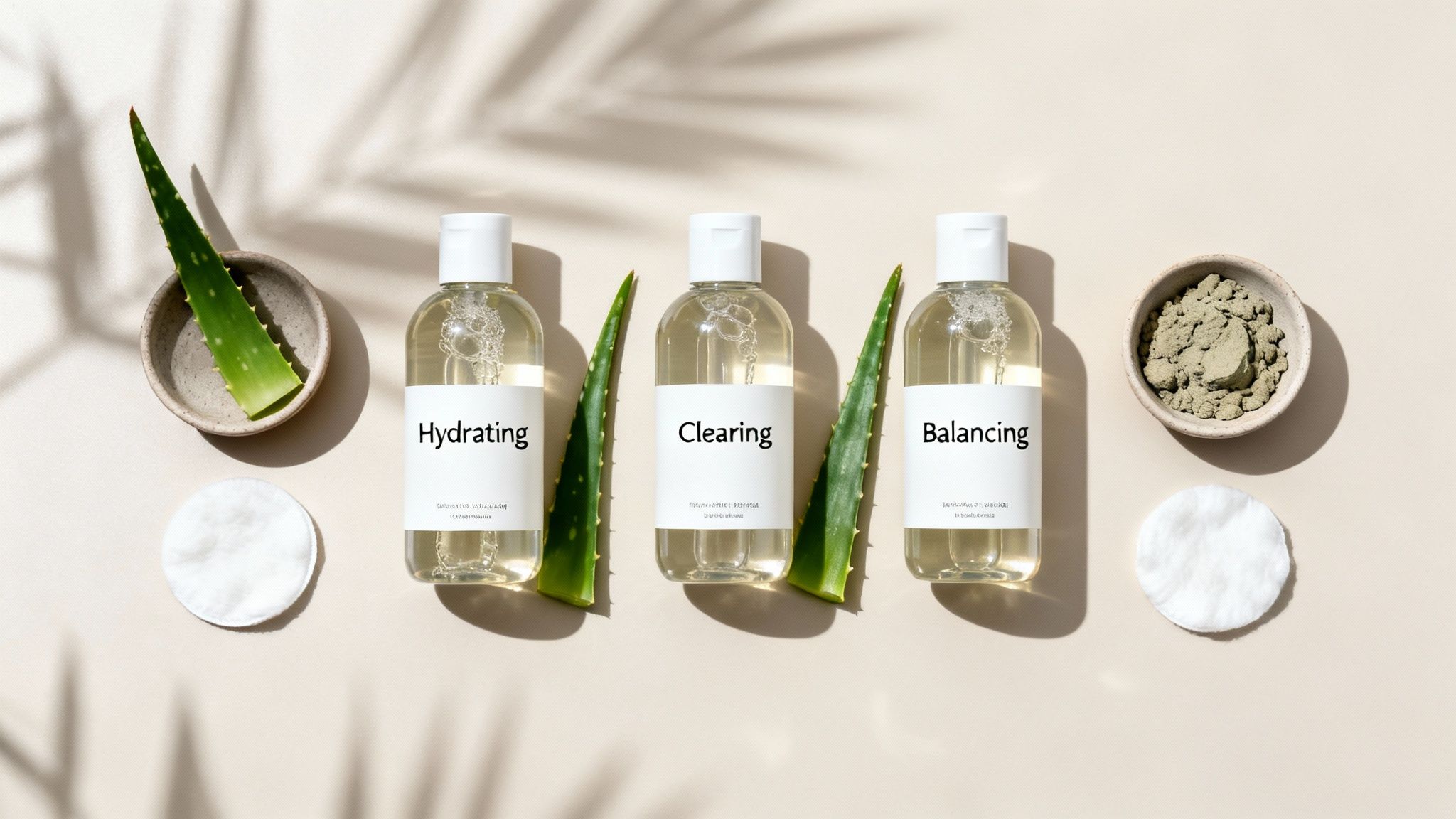 Three clear skincare bottles labeled Hydrating, Clearing, Balancing, with aloe vera and natural powder.