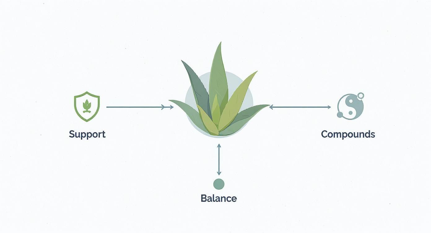 Aloe vera plant diagram showing support, compounds, and balance interconnected with arrows