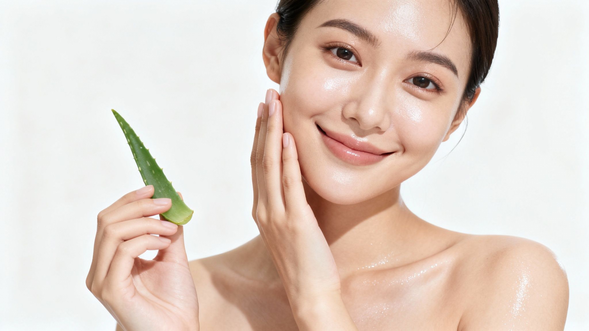 A woman with clear, radiant skin holding a fresh aloe vera leaf