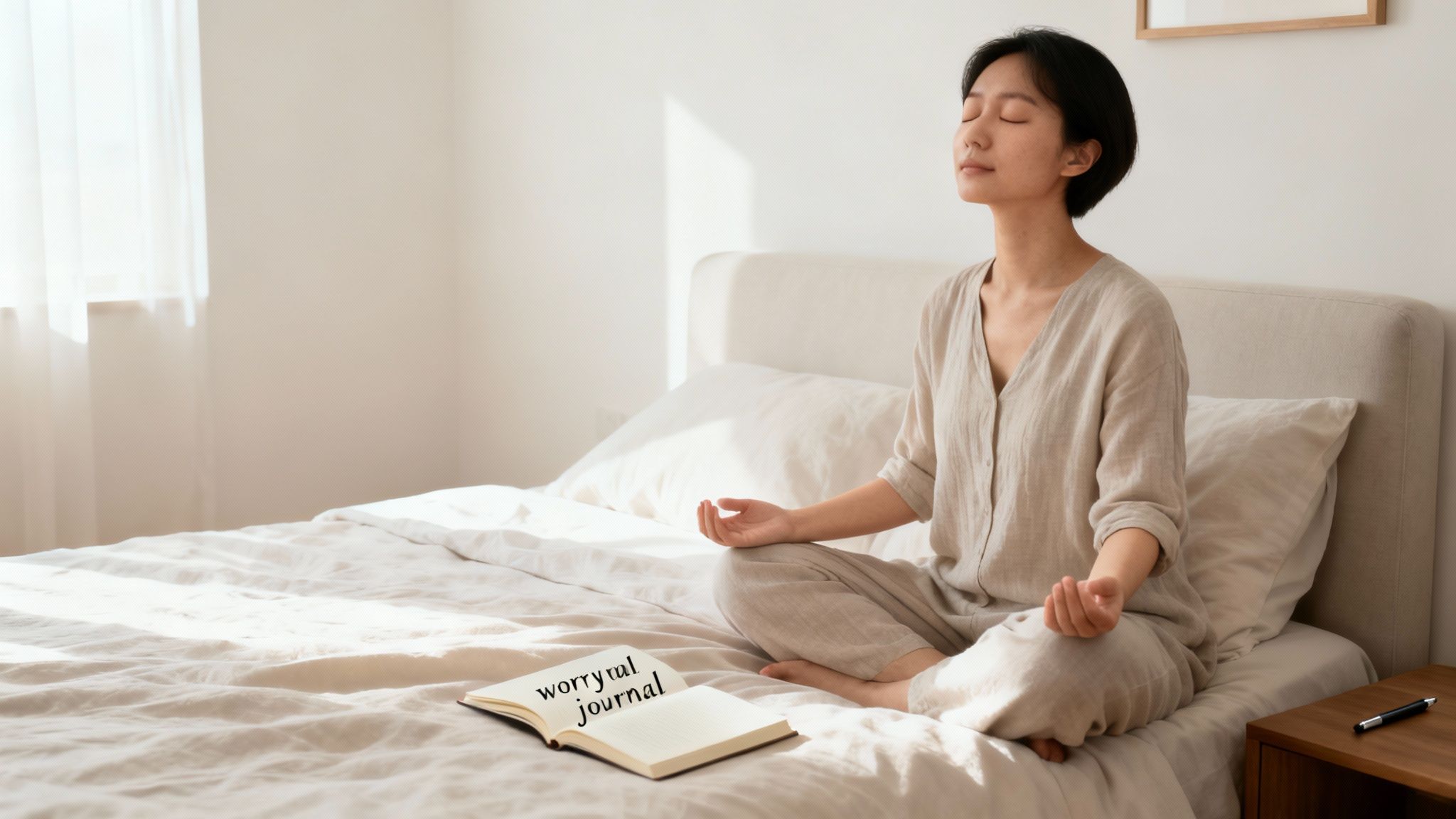A woman meditates peacefully on her bed in a bright bedroom, an open worry journal nearby.