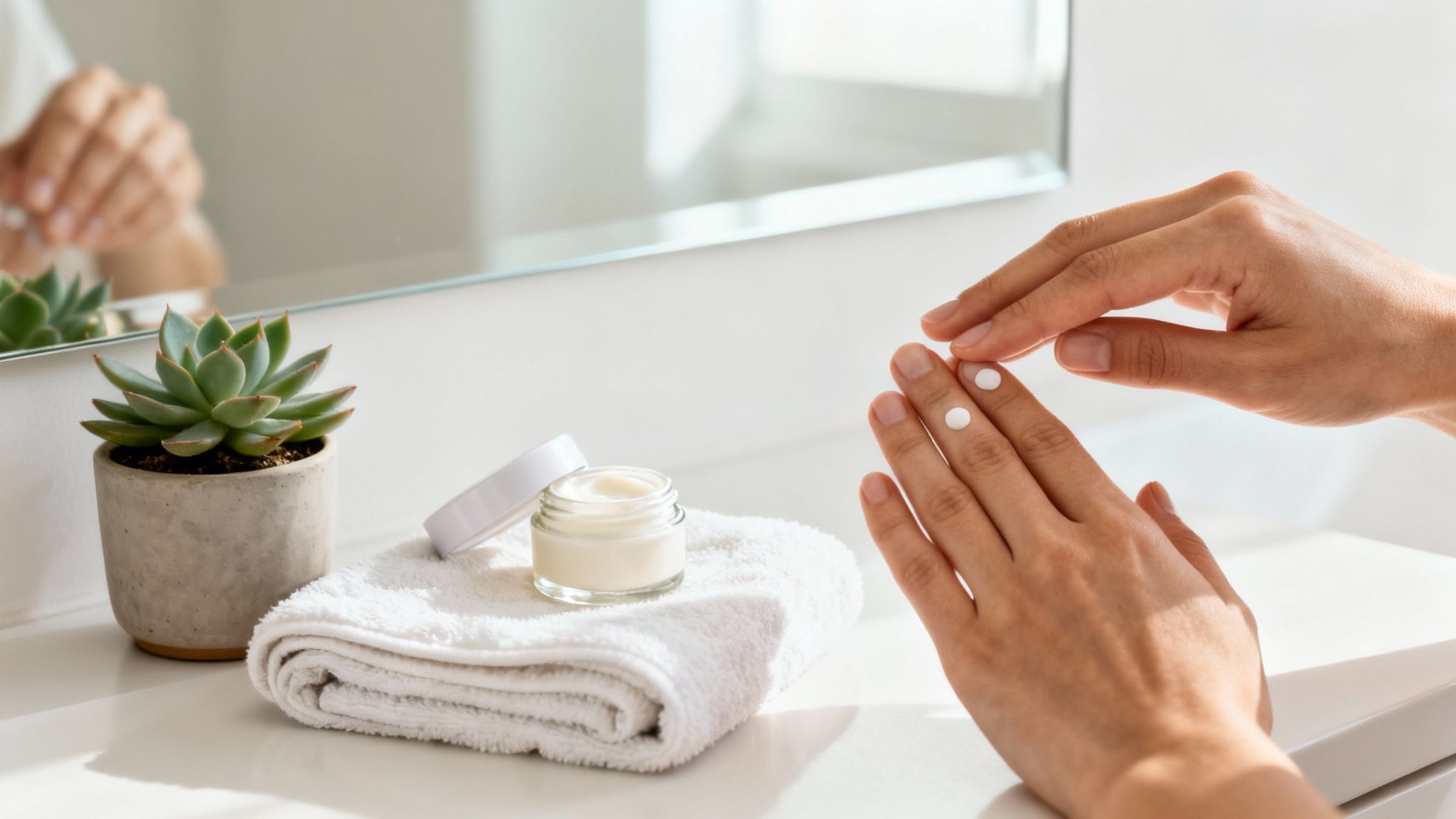 Hands applying moisturizer with two small dots of cream, next to a jar of cream, a towel, and a succulent.