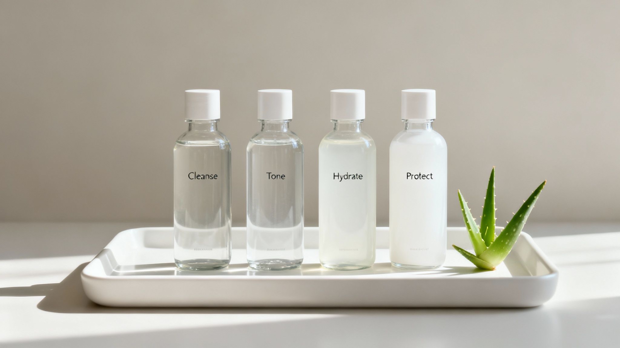 Four minimalist skincare bottles labeled Cleanse, Tone, Hydrate, and Protect, with an aloe vera plant.
