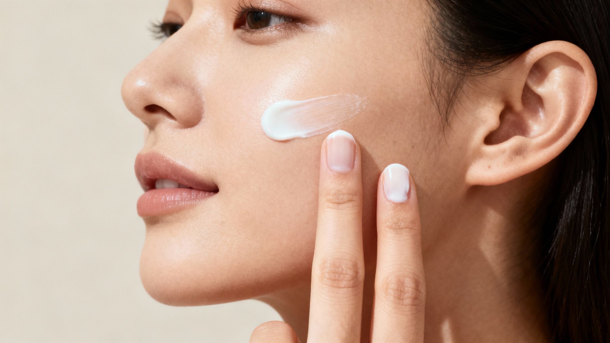 A person applying sunscreen using the two-finger rule.