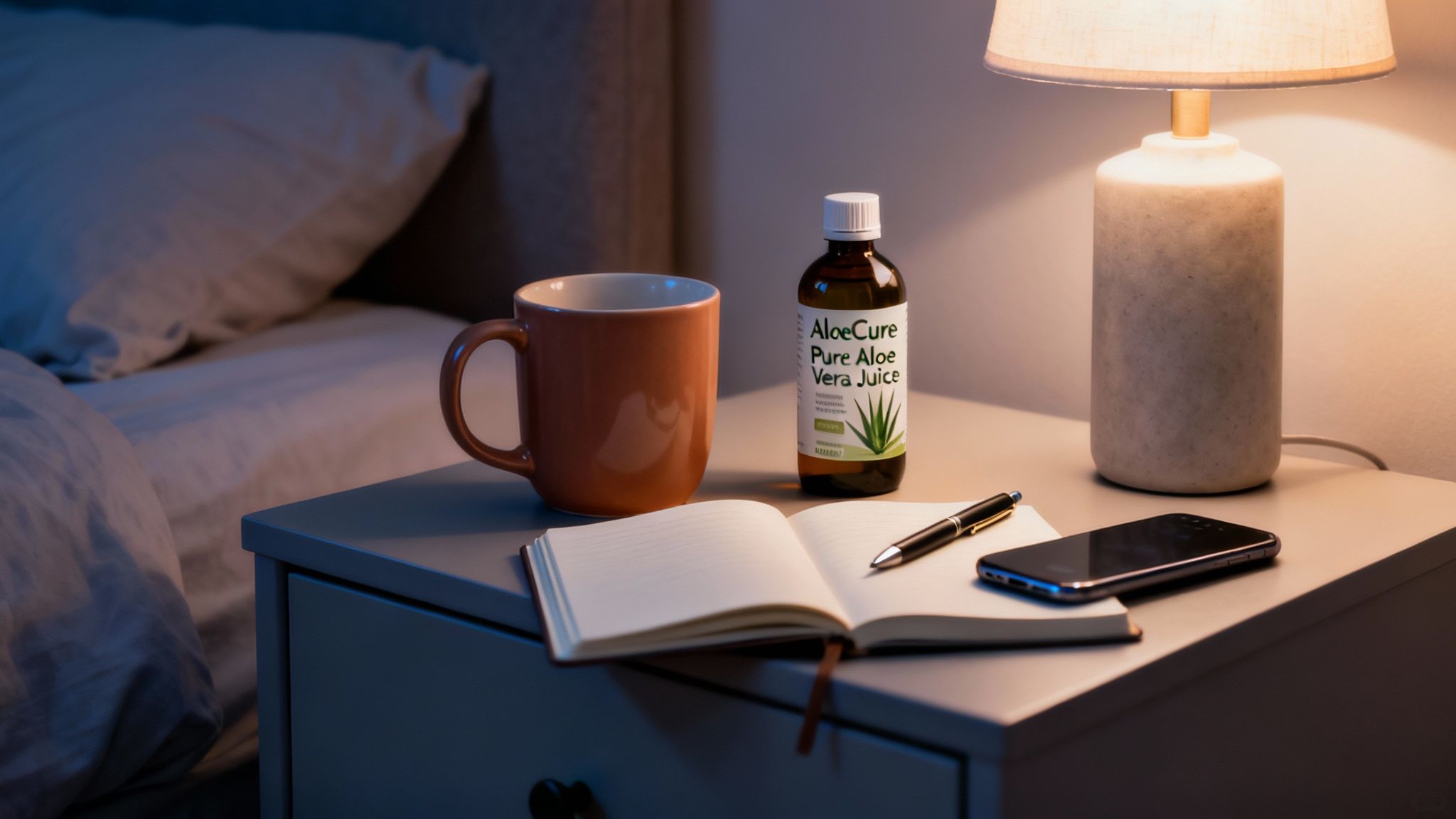 A glowing lamp illuminates a nightstand with a mug, aloe vera juice, notebook, and phone beside a bed.