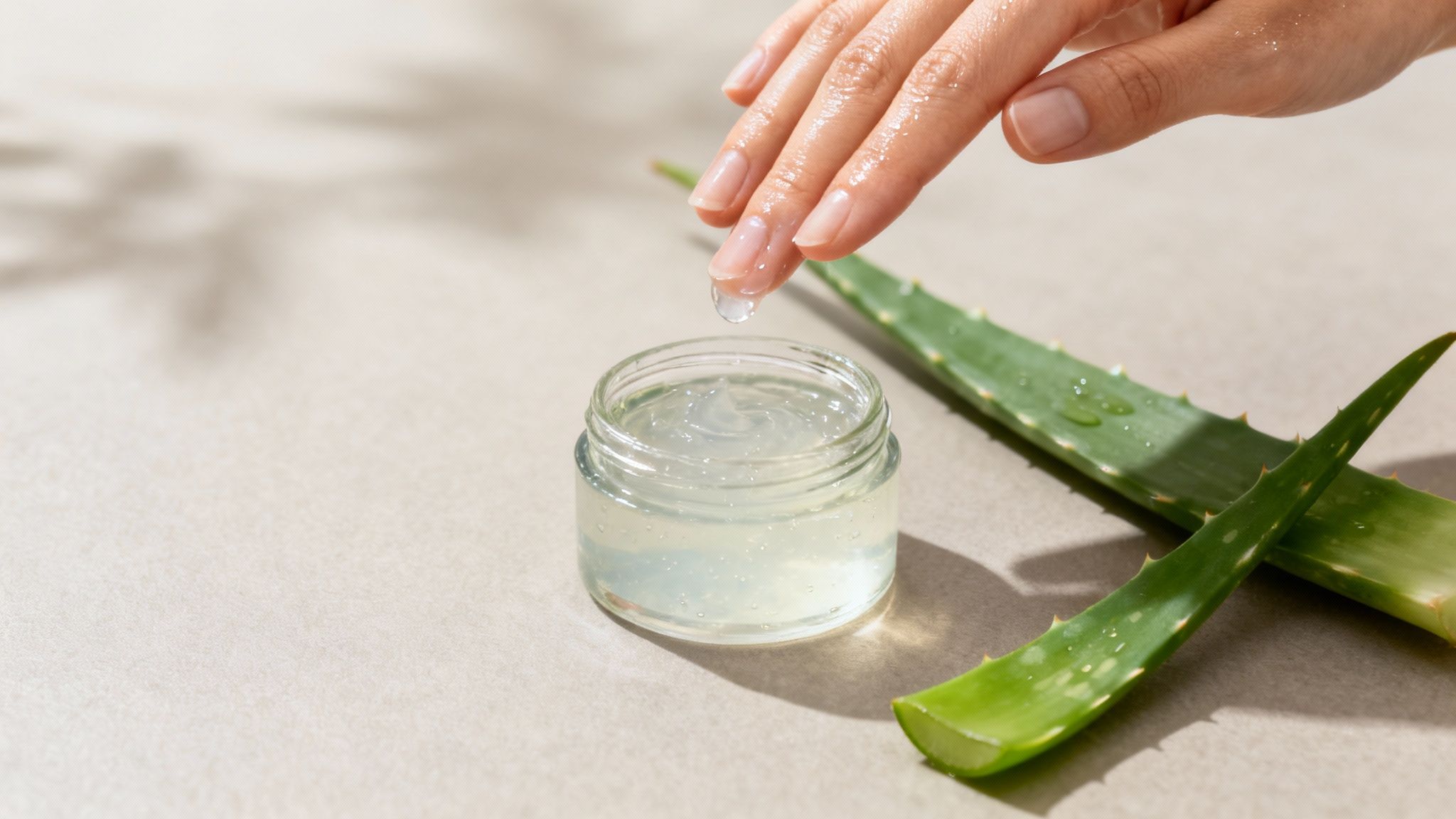Hand dripping natural aloe vera gel into a small glass jar, surrounded by fresh aloe vera leaves.