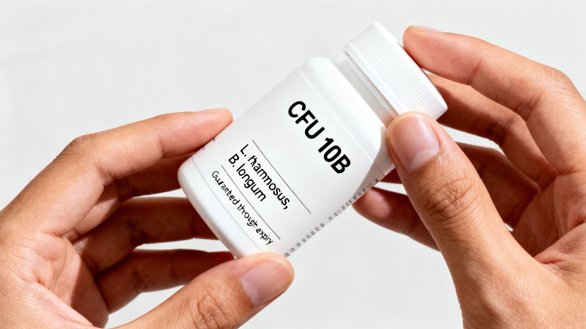 Hands hold a white probiotic bottle labeled 'CFU 10B' and specific strains, on a white background.