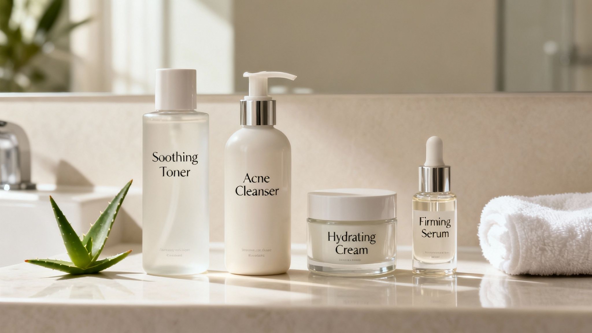 A collection of four minimalist skincare products, aloe vera, and a white towel on a clean bathroom counter.