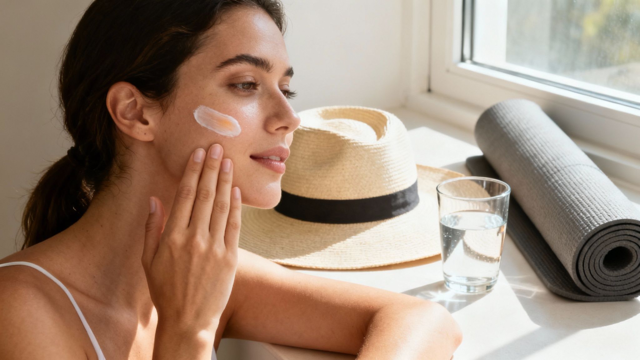 Woman applying moisturizing sunscreen cream on face for natural collagen protection and skincare routine