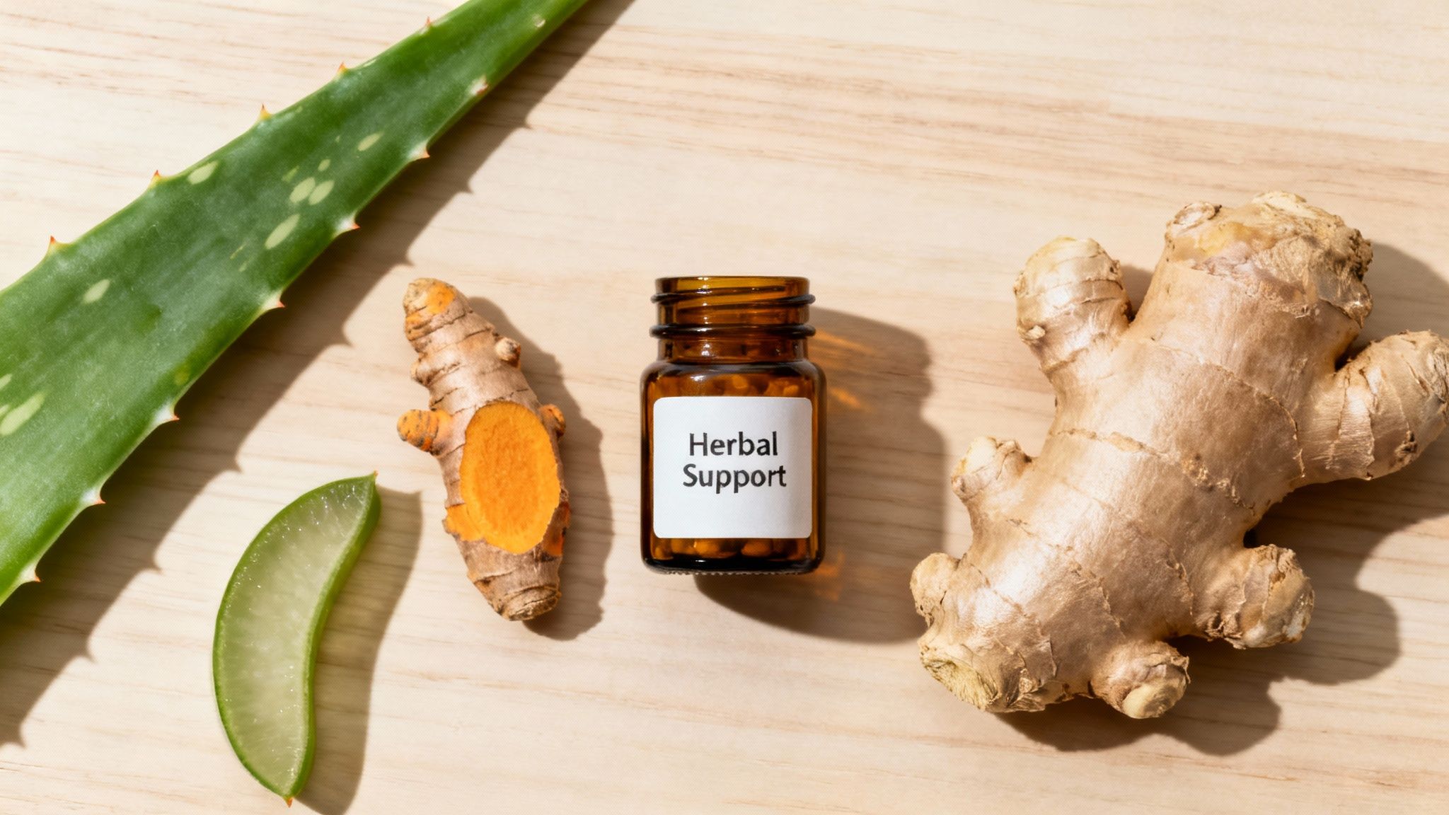 Various herbal ingredients like aloe vera, turmeric, and ginger are shown with a bottle of 'Herbal Support' on a wooden surface.