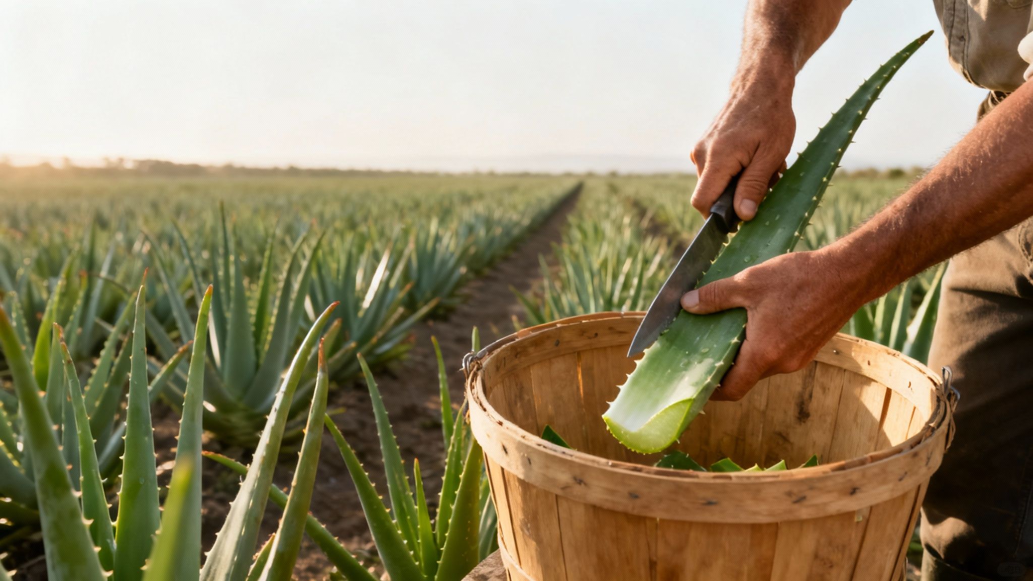 Farmer harvesting fresh aloe vera leaves in field, cutting leaf into woven basket