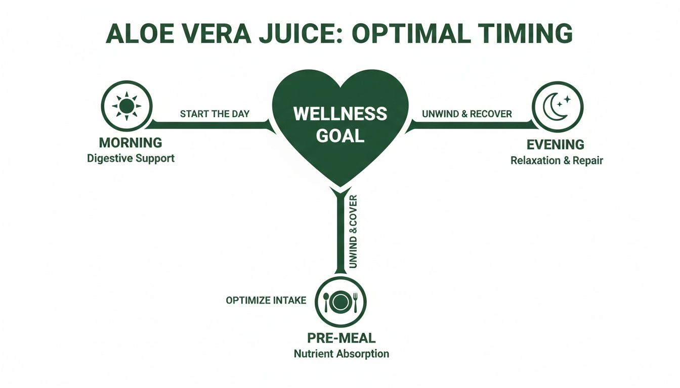 Infographic on optimal aloe vera juice timing for digestive support, relaxation, and nutrient absorption.
