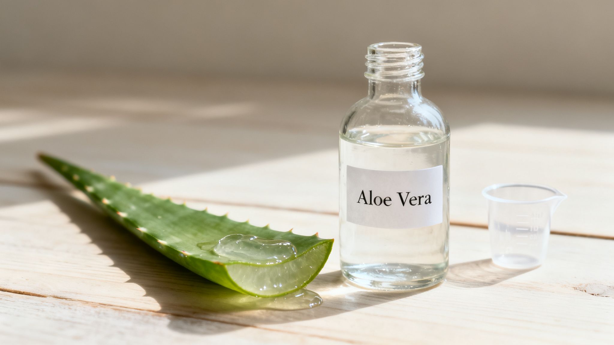 Fresh aloe vera leaf with gel, a bottle of aloe vera liquid, and a measuring cup on wood.