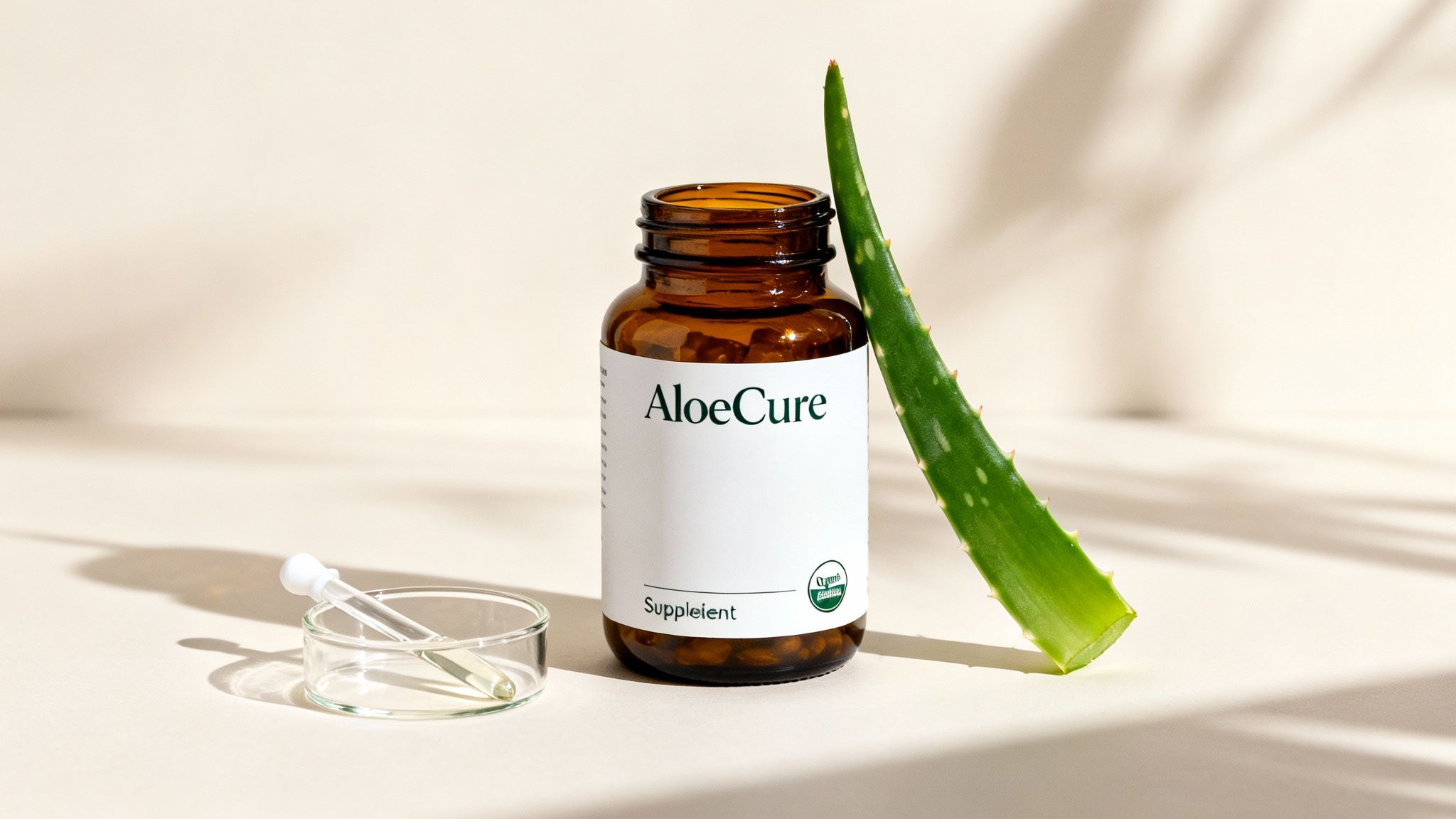 An AloeCure supplement bottle, a fresh aloe vera leaf, and a glass dropper with liquid on a light background.