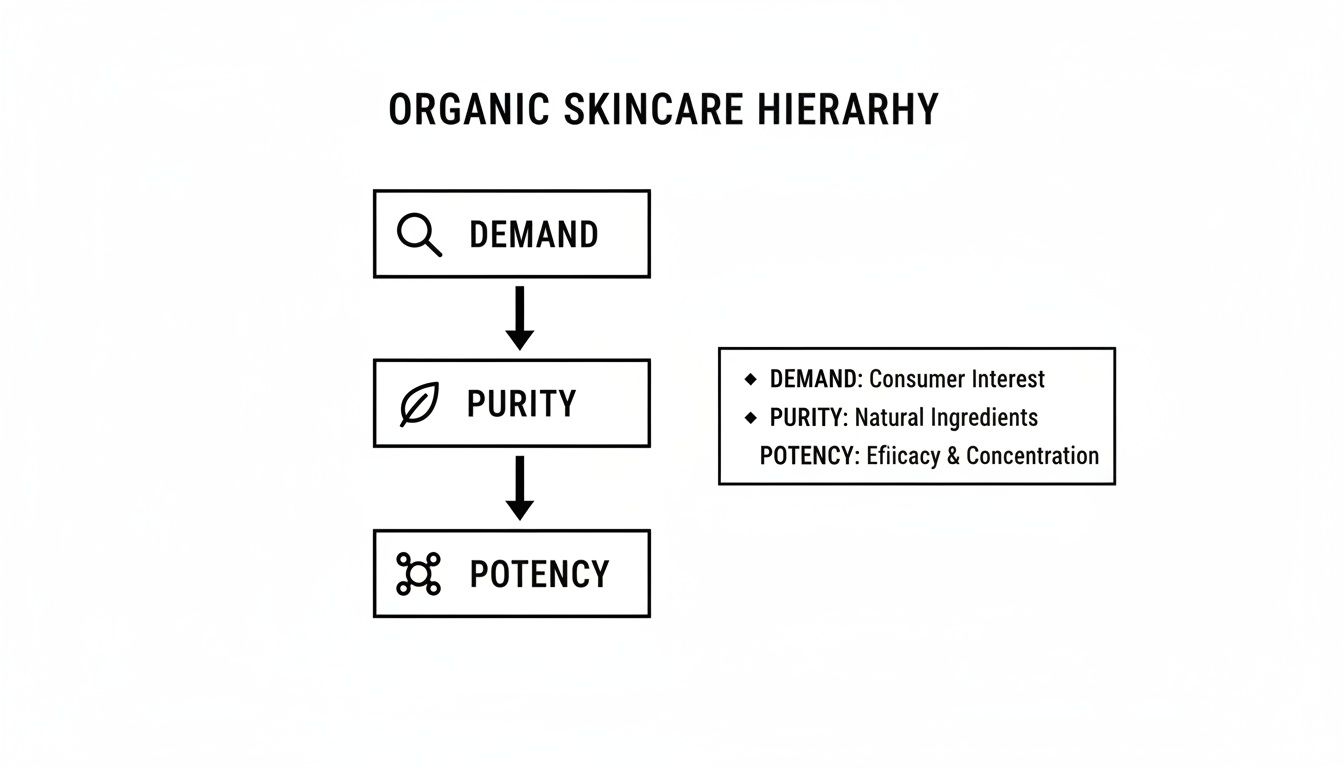 Flowchart illustrating the organic skincare hierarchy from demand to purity and potency, with definitions.