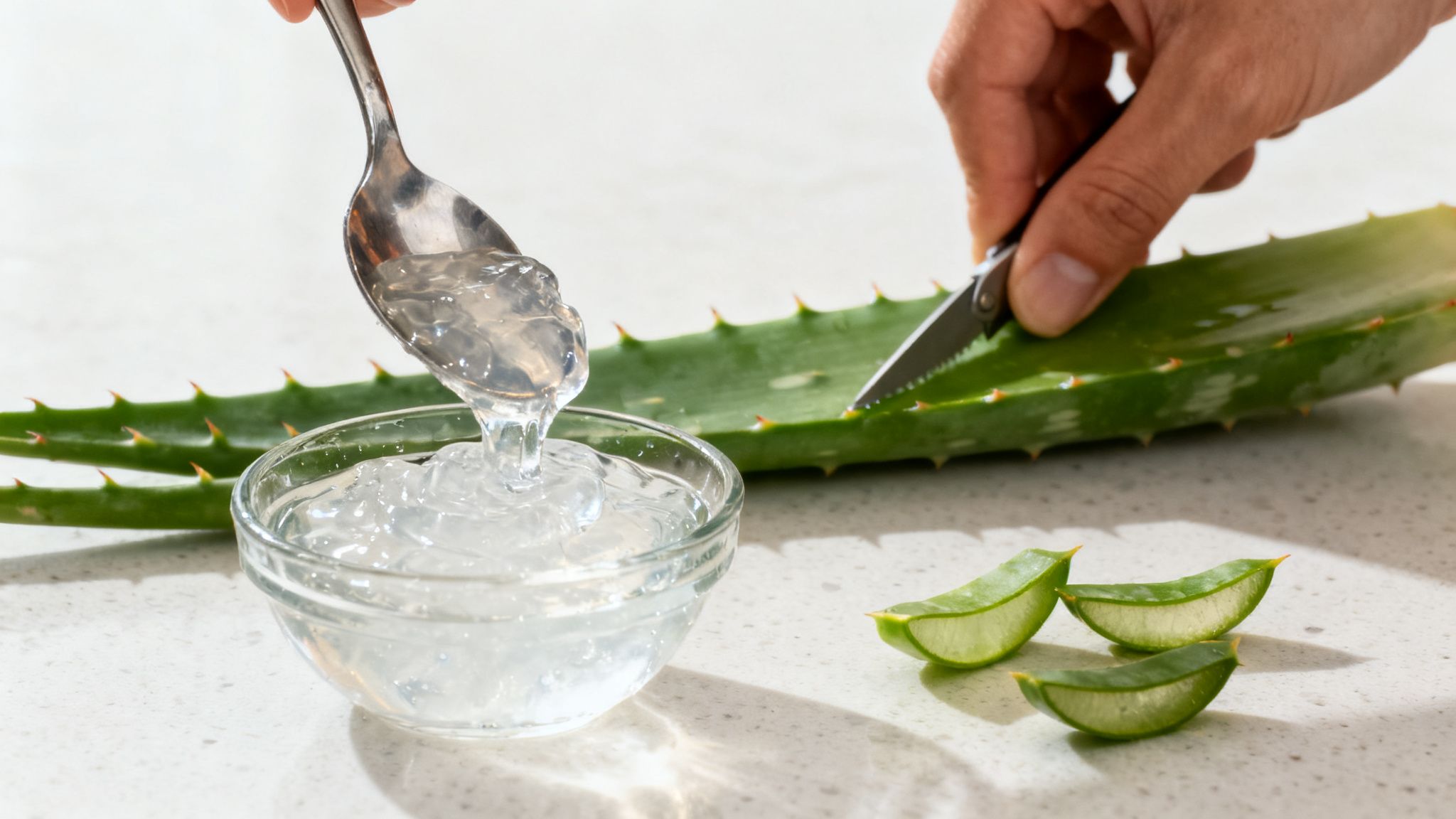 Hands extracting fresh aloe vera gel into a clear bowl, with an aloe leaf being cut.