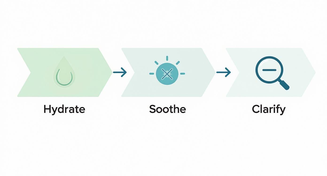 Infographic showing the process flow of using pure aloe gel for skin, with steps for Hydrate, Soothe, and Clarify.