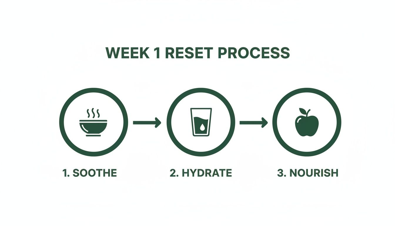 A simple infographic detailing the 'Week 1 Reset Process' with steps: Soothe, Hydrate, and Nourish.