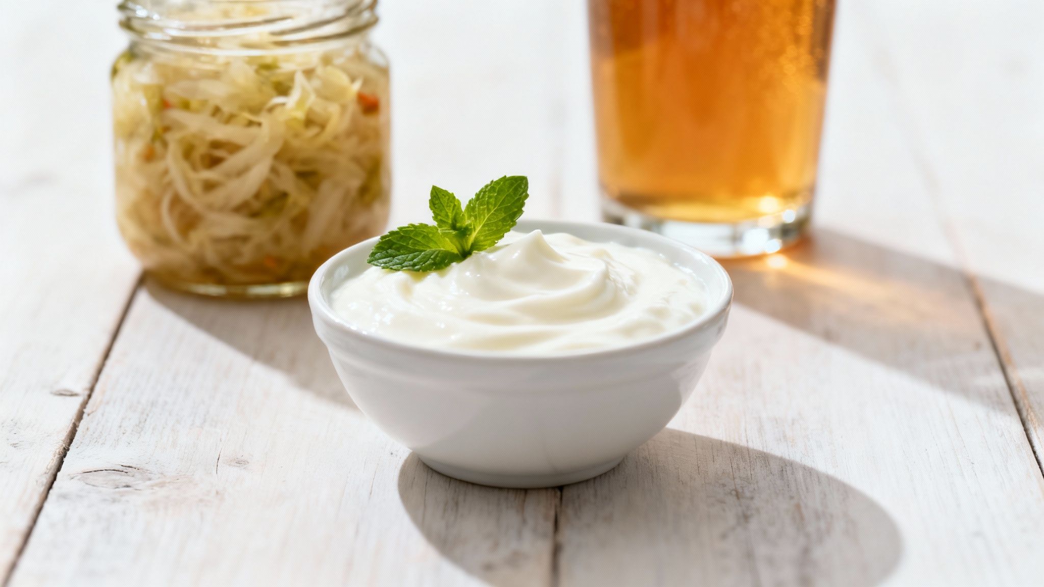 Bowl of creamy yogurt with mint, a jar of sauerkraut, and a glass of kombucha on a white wooden table.