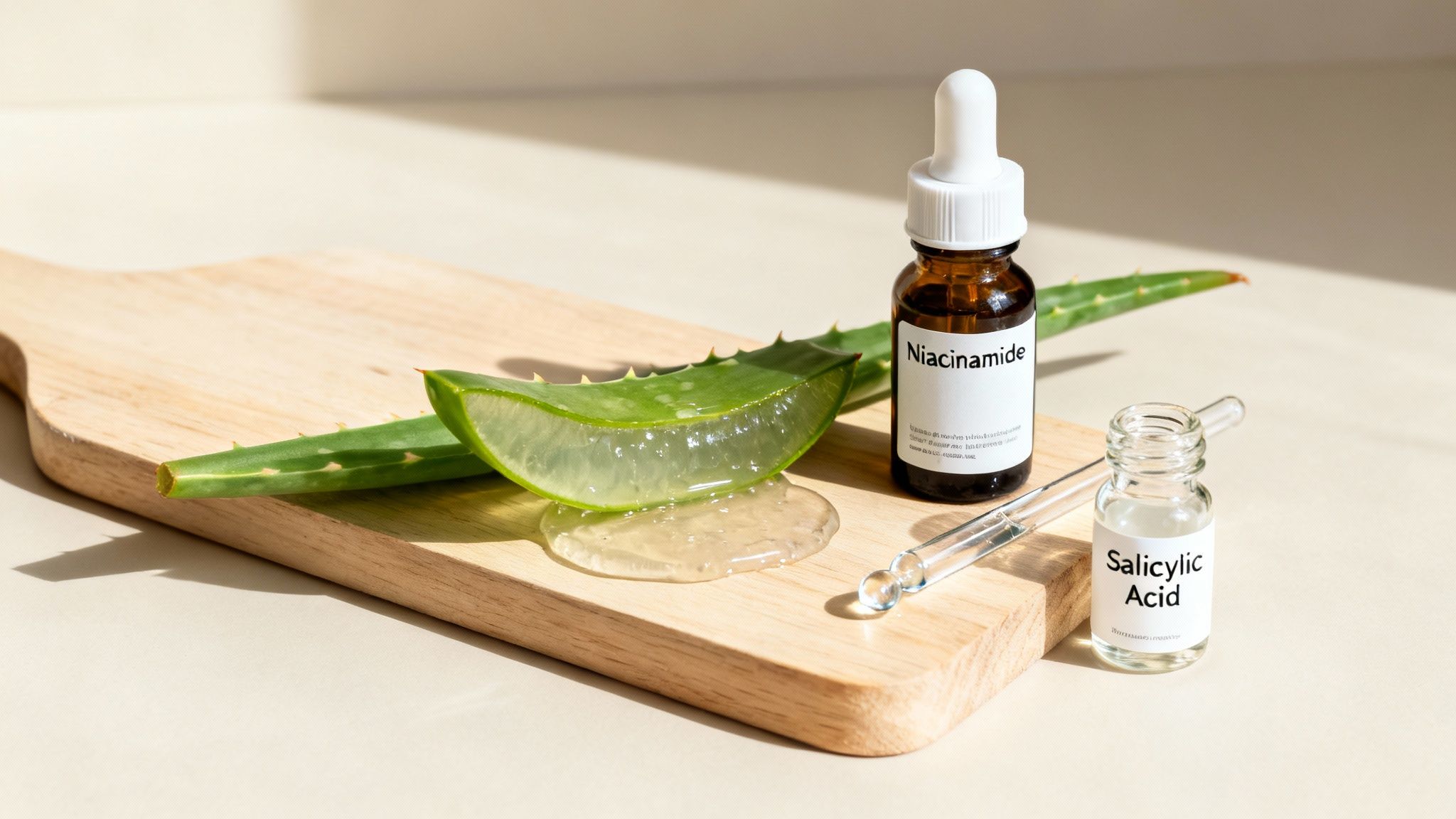 Aloe vera leaf, niacinamide, and salicylic acid serums on a wooden board.