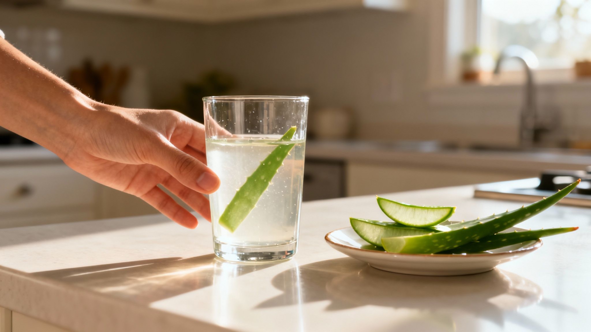 A hand reaching for a glass of water infused with aloe vera, beside fresh aloe vera slices.