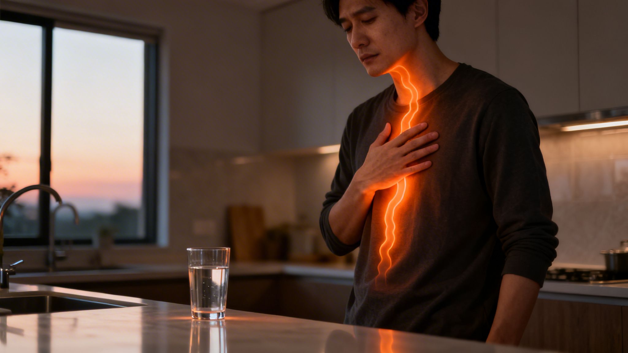 A man in a kitchen clutches his chest, experiencing severe heartburn shown by a glowing orange line.