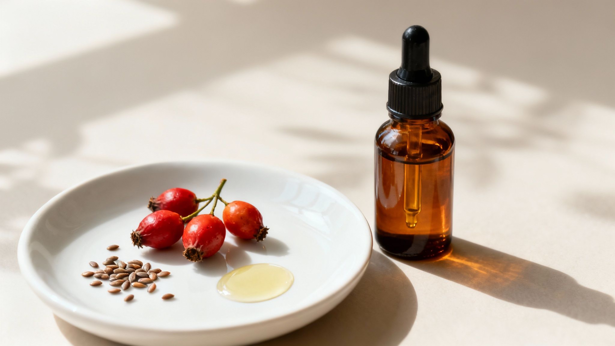 Rosehip oil dropper bottle with fresh rosehips and flax seeds on a white plate, natural skincare.