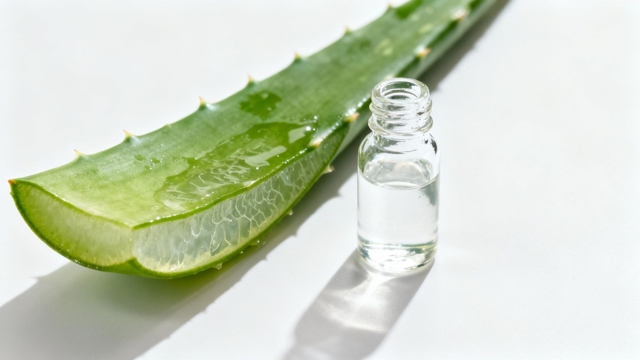 Freshly cut aloe vera leaf with visible gel beside a small bottle of clear liquid essence.