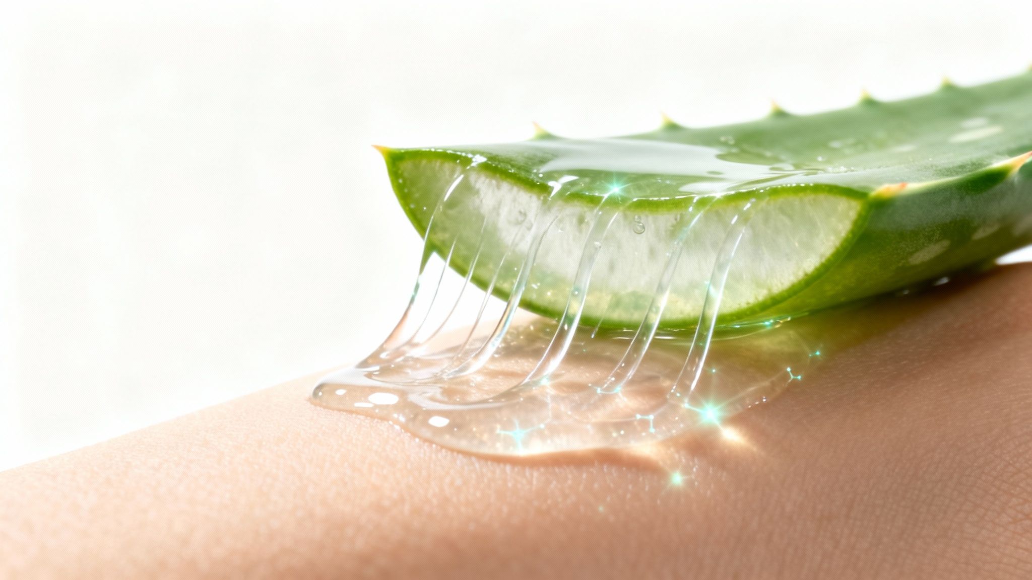 Fresh aloe vera gel dripping from a green leaf onto smooth human skin with sparkling effects.