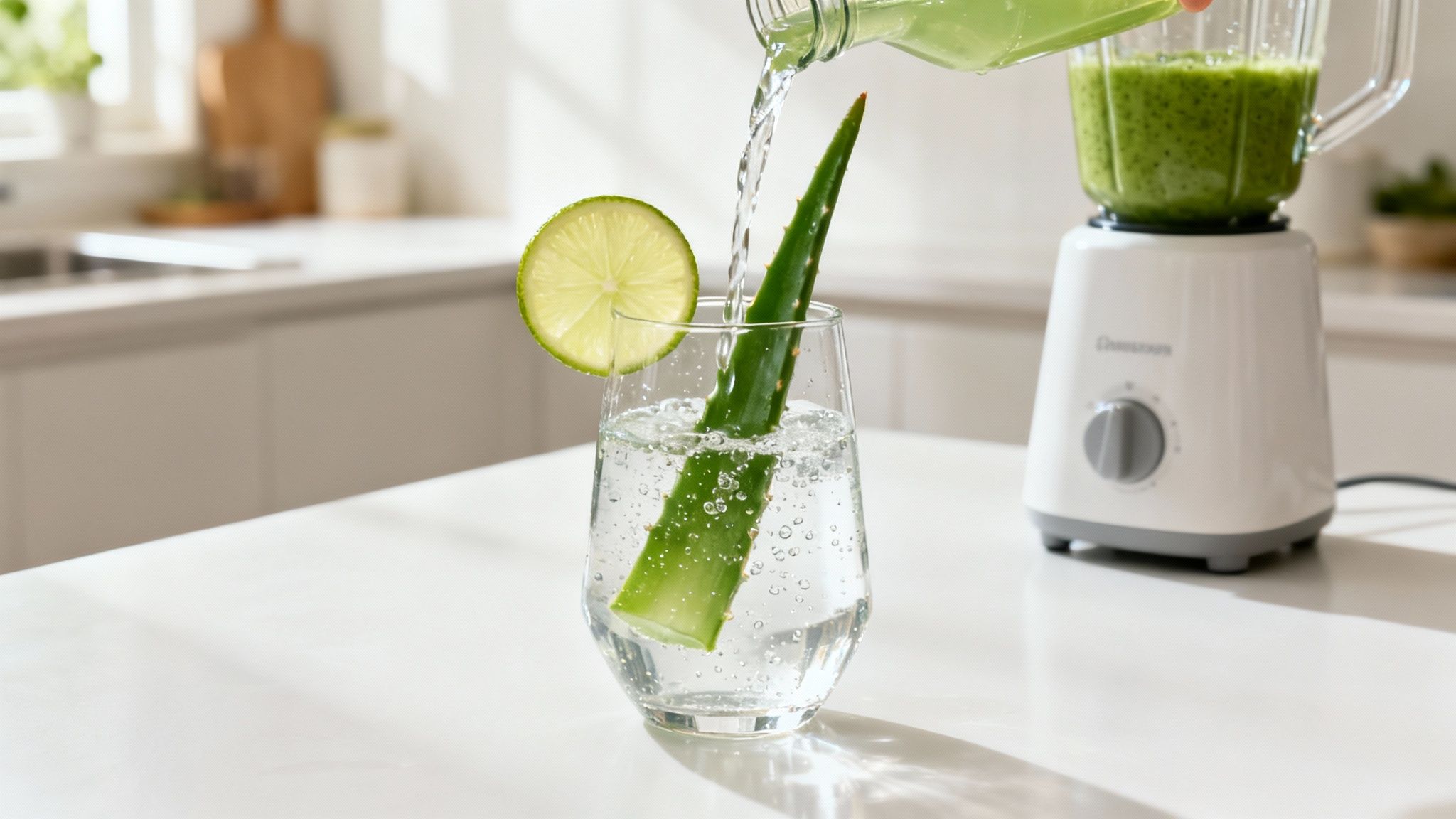 Fresh aloe vera leaf and lime in water, with green juice pouring into a glass on a kitchen counter.