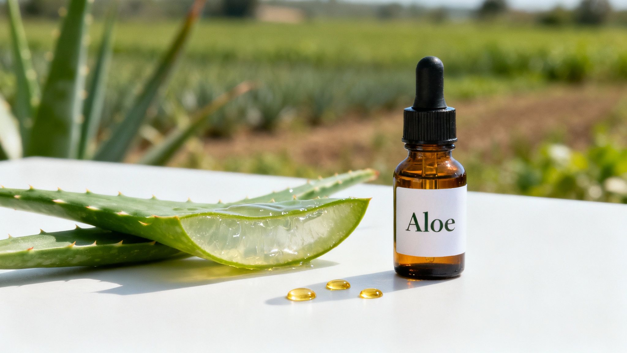 Fresh aloe vera leaves, one showing gel, next to an aloe dropper bottle on white.