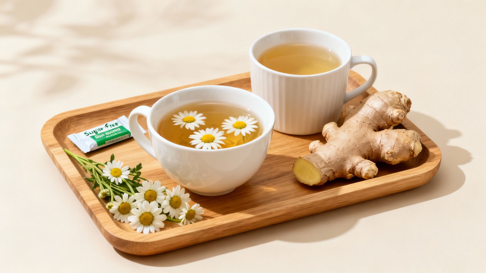 A wooden tray holds two cups of tea, ginger, daisies, and a sugar-free sweetener packet.