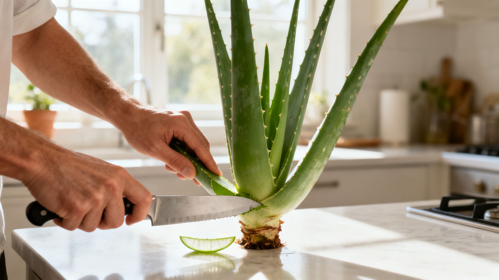 Person's hands using a knife to cut a fresh aloe vera plant on a kitchen counter.