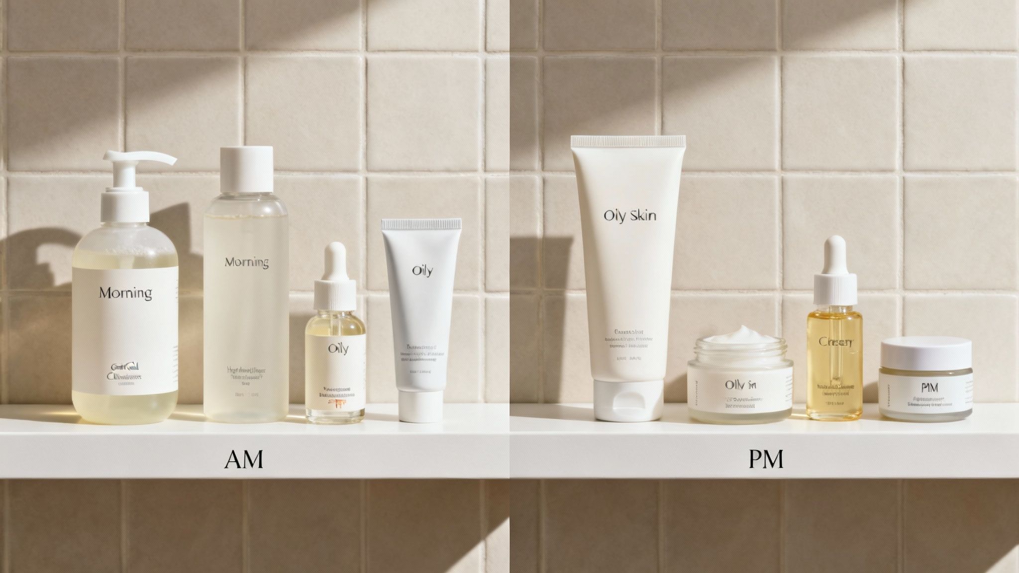 A selection of AM and PM skincare products specifically formulated for oily skin, displayed on a shelf.