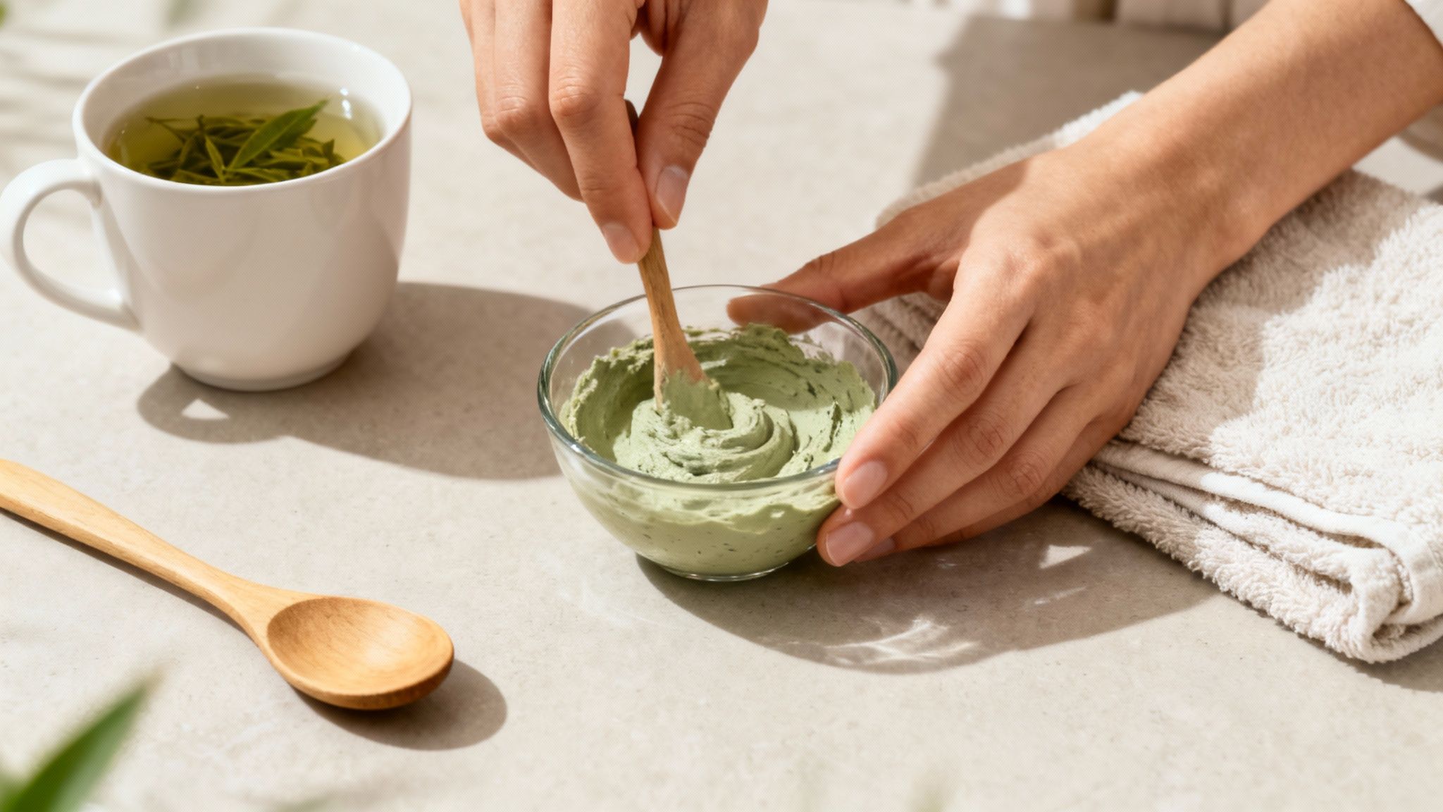 Close-up of hands mixing a green face mask in a bowl, with green tea and a towel.