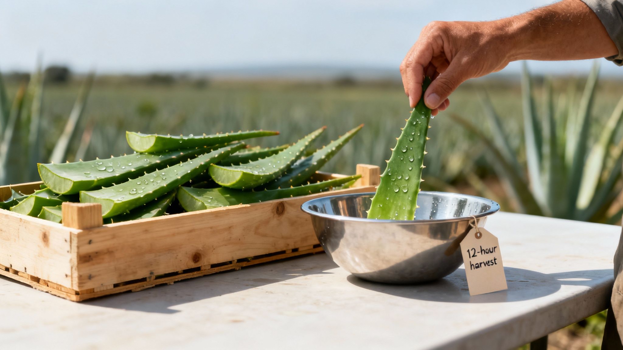 A hand places a fresh aloe vera leaf into a bowl next to a crate of harvested leaves in a field.