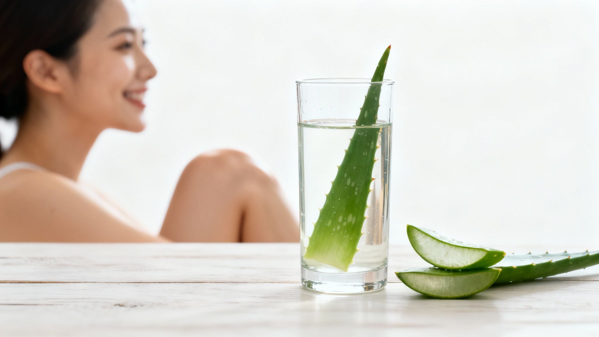 Aloe vera leaf in water glass with slices on a white wooden table, smiling woman in background.