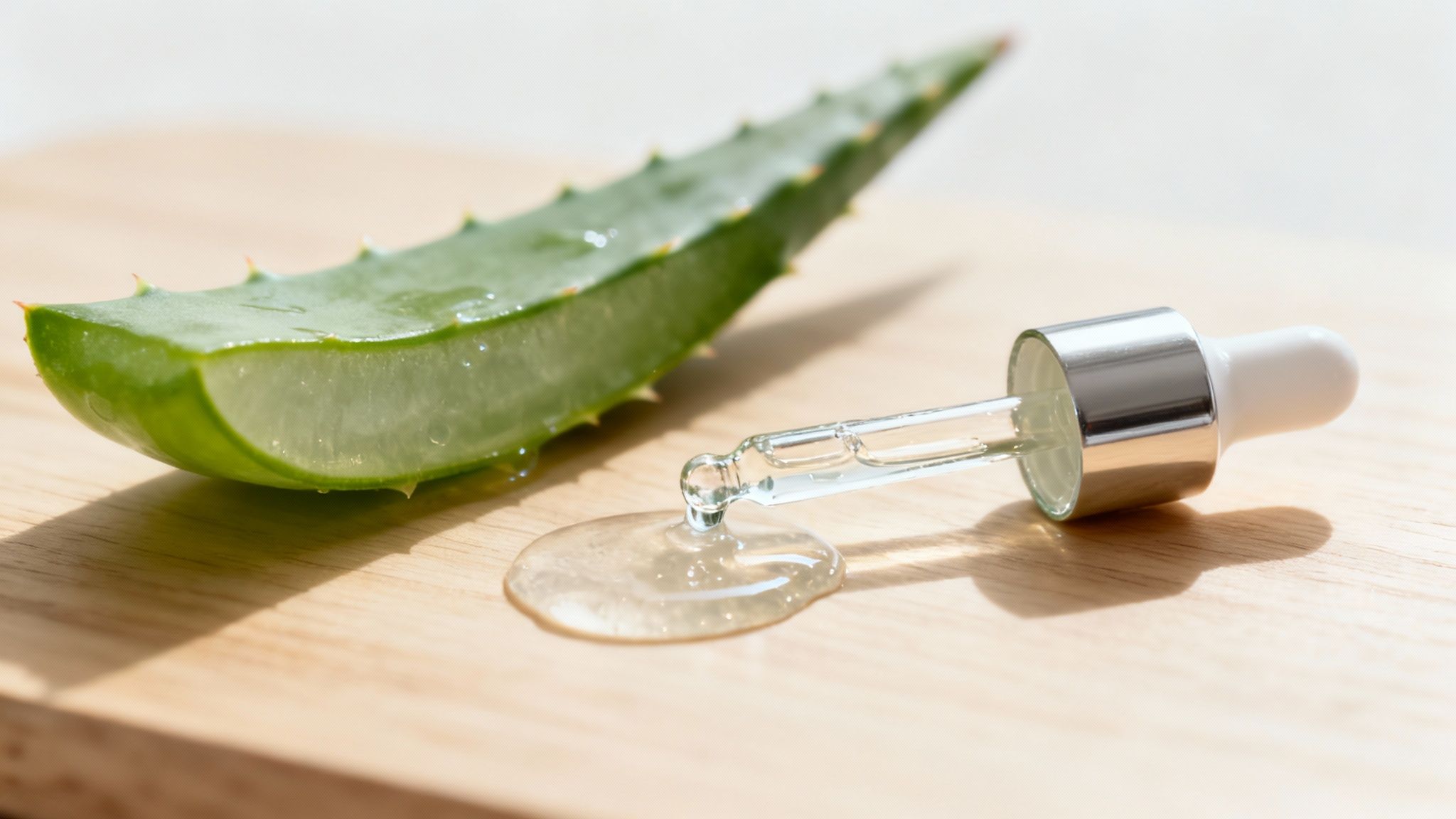Aloe vera leaf and dropper bottle with clear gel serum on wooden surface