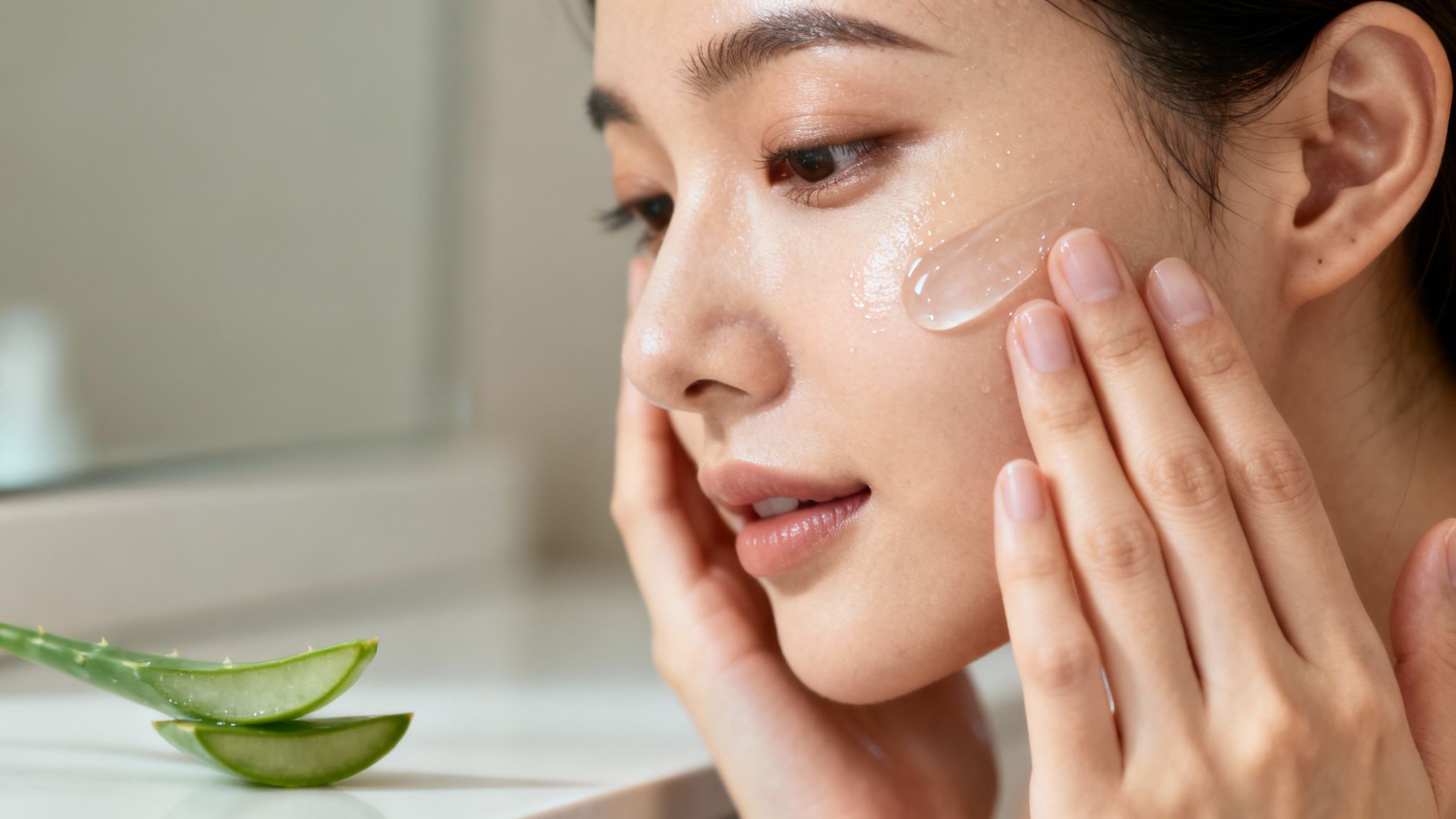 Close-up of a young woman applying soothing aloe vera gel to her radiant face.