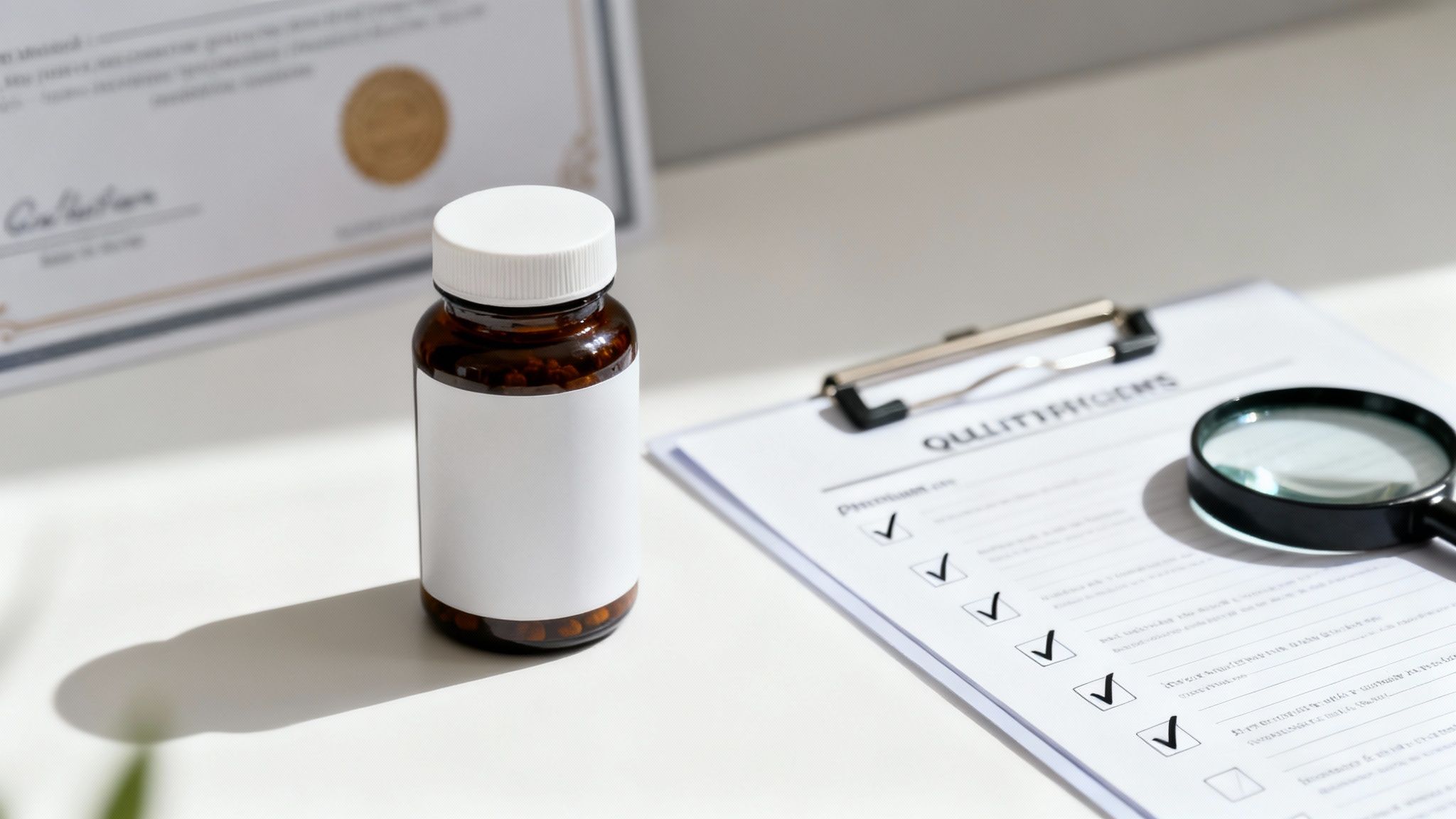 A brown supplement bottle, clipboard with a checklist and magnifying glass on a white table.