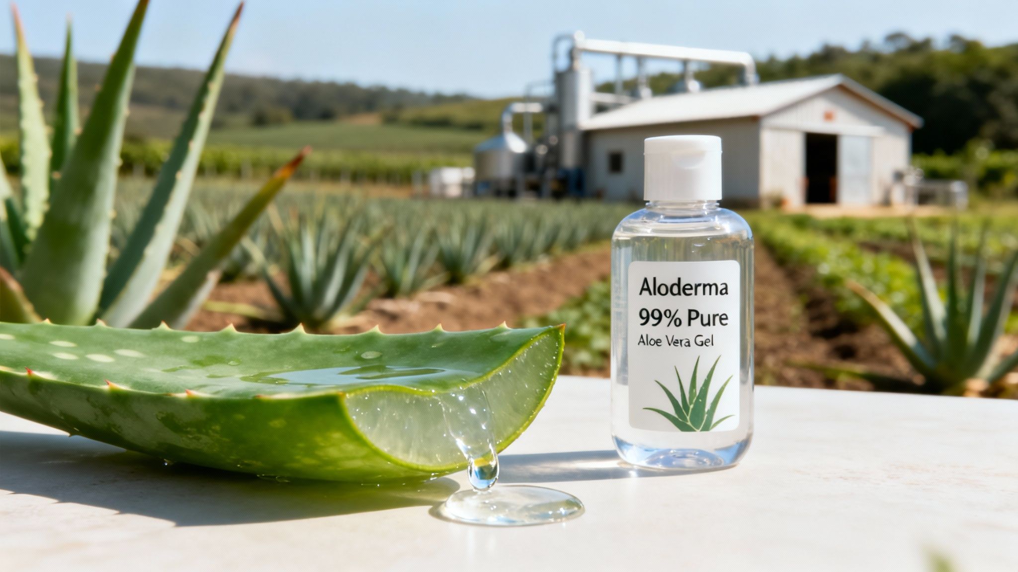 Aloe vera gel bottle and fresh leaf with dripping gel, set against an aloe field and processing plant.