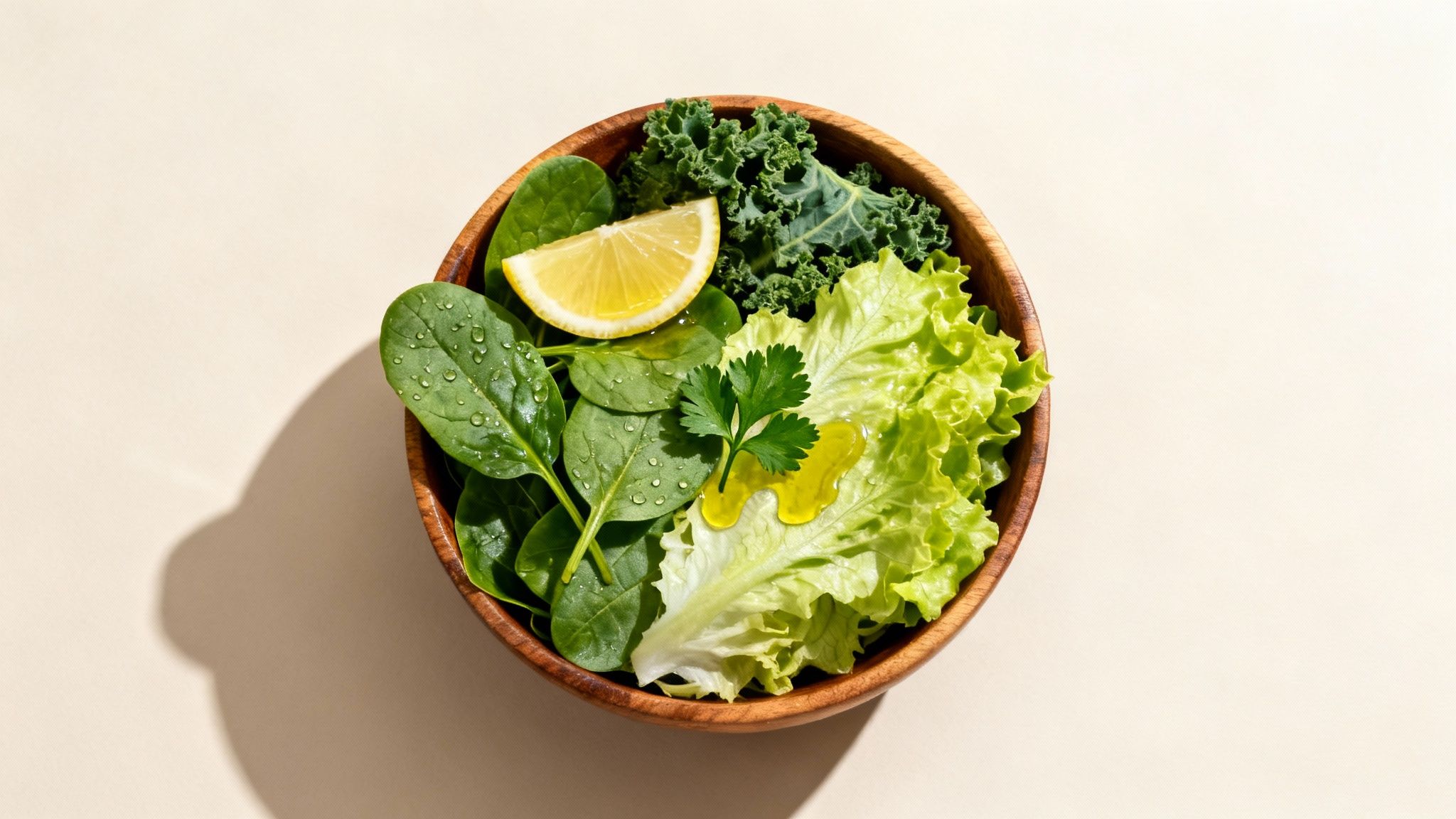 A wooden bowl filled with fresh green spinach, kale, lettuce, lemon, parsley, and olive oil.