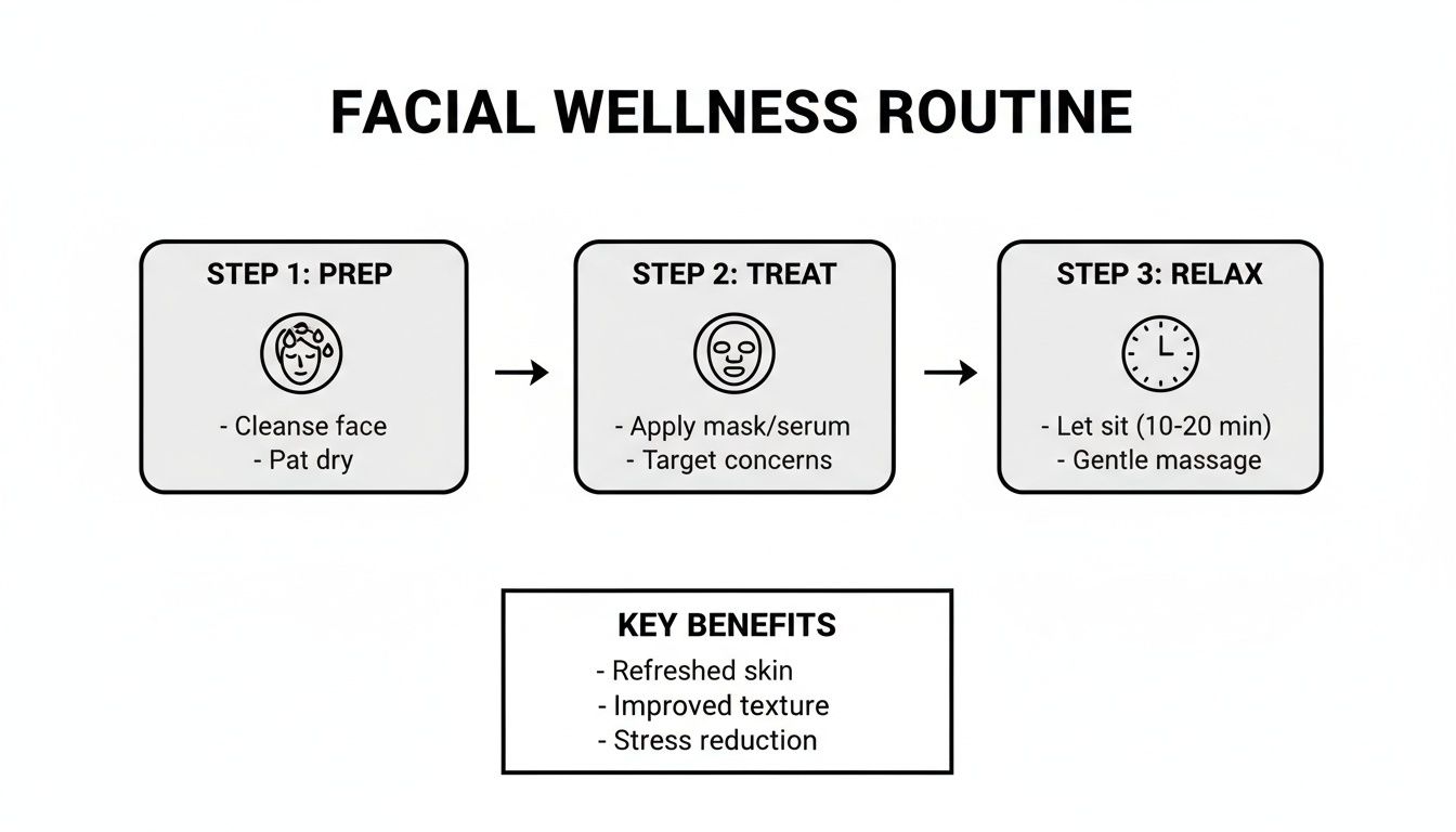 A flowchart illustrates a 3-step facial wellness routine: Prep, Treat, Relax, along with key benefits.