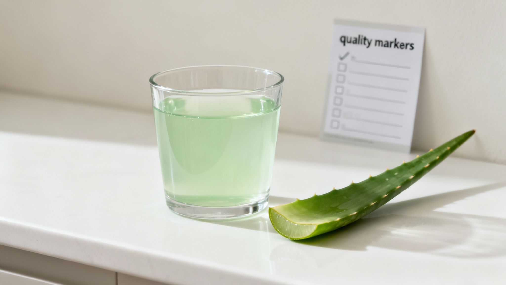 Glass of refreshing aloe vera juice with fresh aloe leaves nearby.