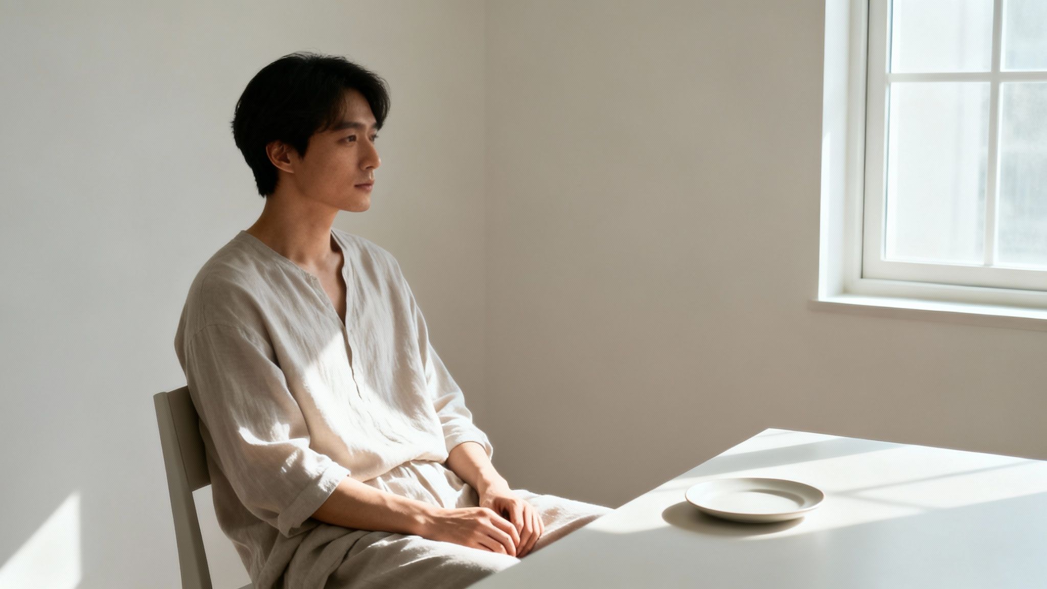 A serene man in a linen outfit sits at a table, looking thoughtfully out a sunlit window.