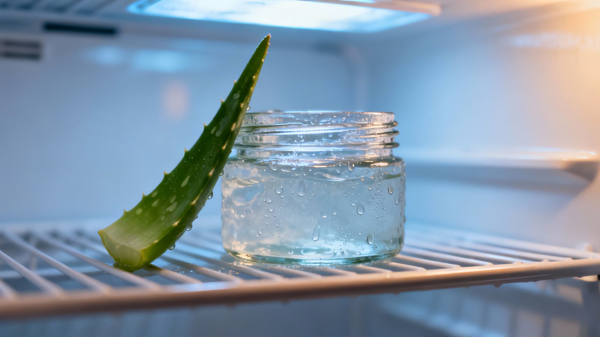 Fresh aloe vera leaf and gel in a jar, chilling on a refrigerator shelf.