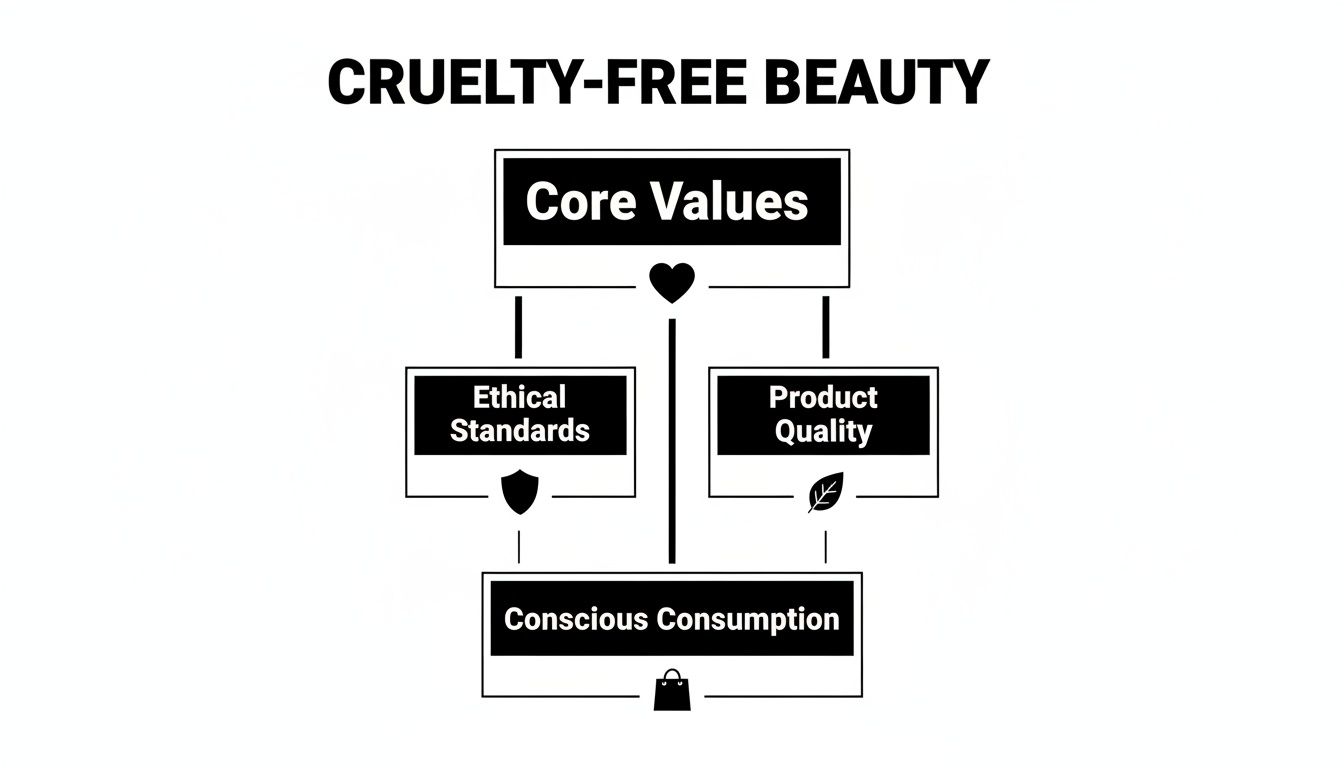 Diagram illustrating cruelty-free beauty core values, ethical standards, product quality, and conscious consumption.